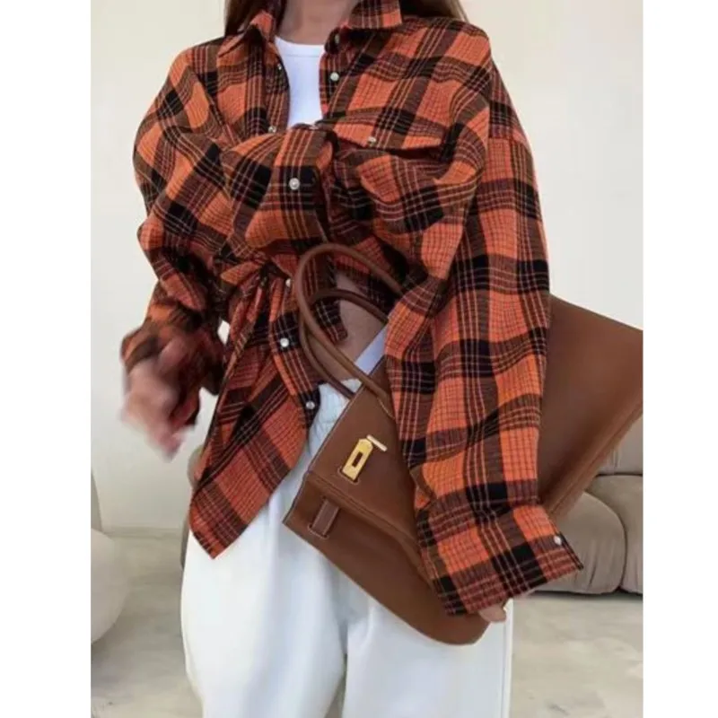 Vintage Plaid Shirts Women Autumn Long Sleeve Oversize Button Up Shirt Fashion Casual Fall Outwear Tops Blusas Mujer 2024