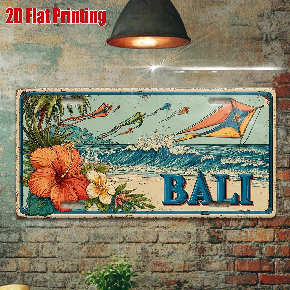2D Flat BALI Travel Vintage Aluminum License Plate Tropical Surf Kite Scene Outdoor Wall Hanging Decor Home Bar Cafe
