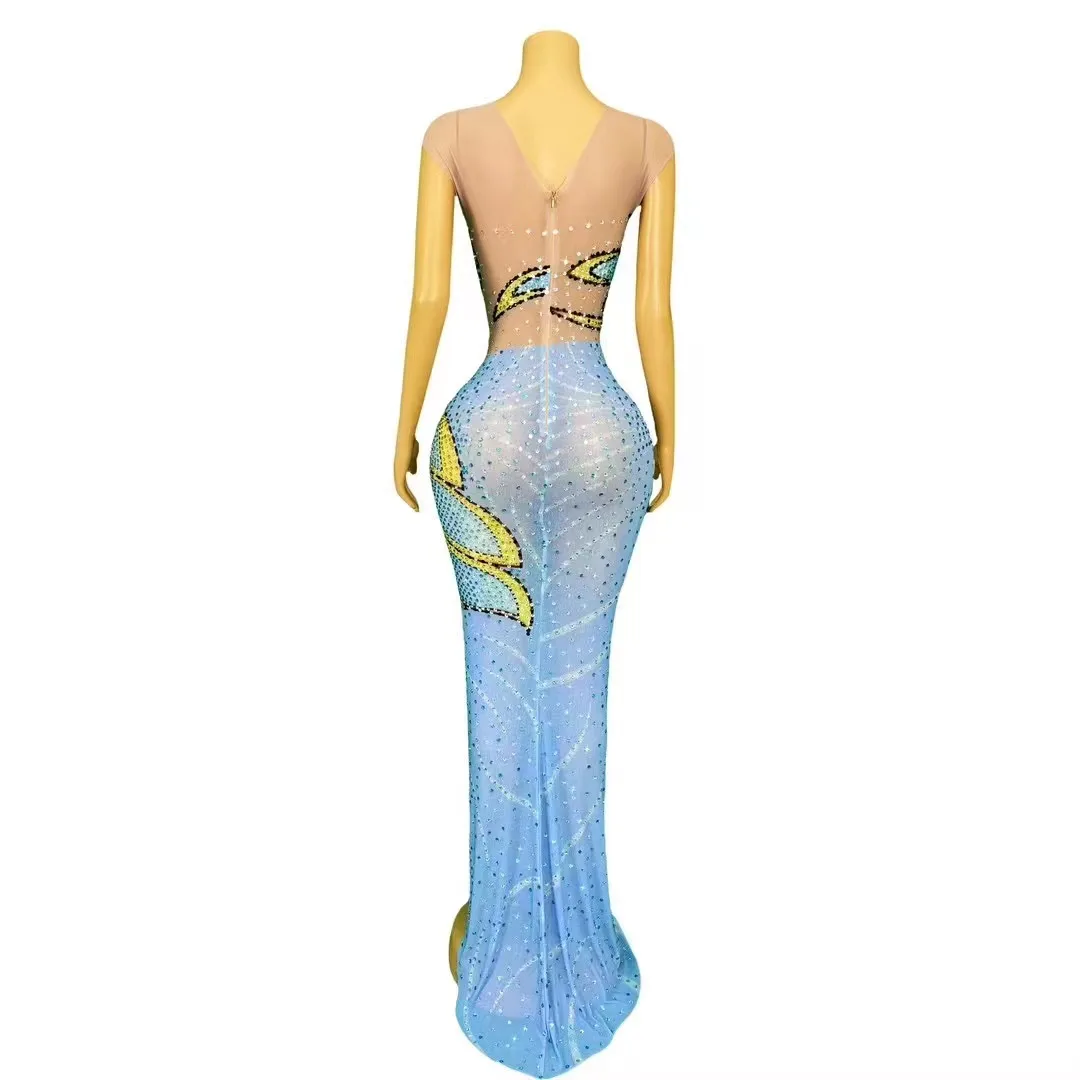 Sexy Stage Orange Colorful Rhinestones Sleeveless Dress Transparent Stretch Outfit Club Birthday Party Photoshoot Collections
