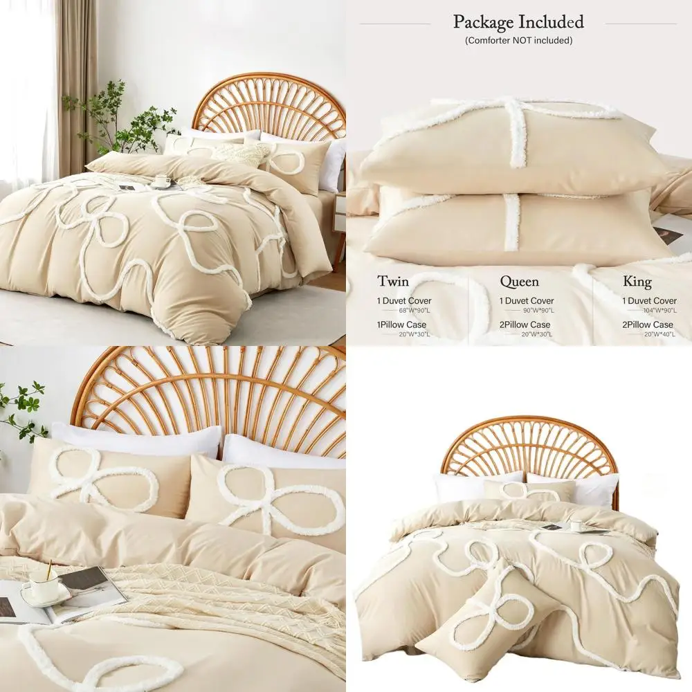 

King Size Bow Beige Tufted Duvet Cover Set - Soft, Textured, Breathable Comforter Cover with Zipper, Boho Style Bedding, Include