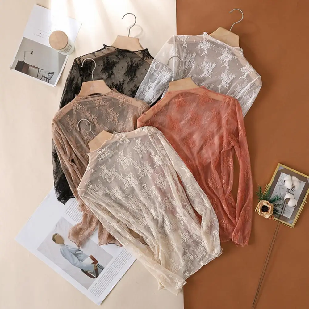 

Women Lace Shirt Elegant Lace Flower Pattern Women's Shirt Sexy See-through Embroidery Top Stylish Half High Collar Long Sleeve