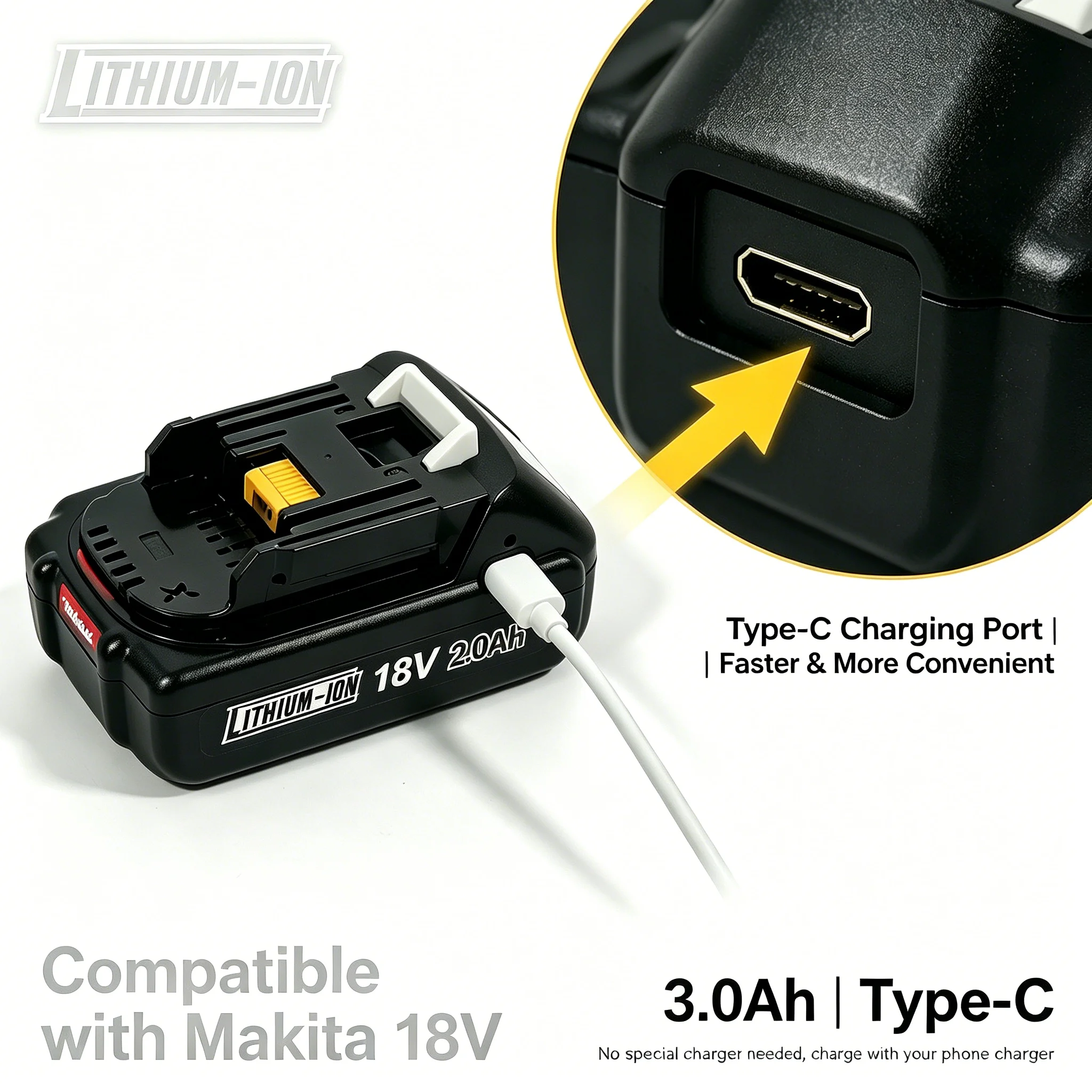 

Type-C For Makita 18V 3000mah Battery, Suitable for all 18V Electric Tools, BL1850B BL1850 BL1840 BL1860 BL1890 BL183