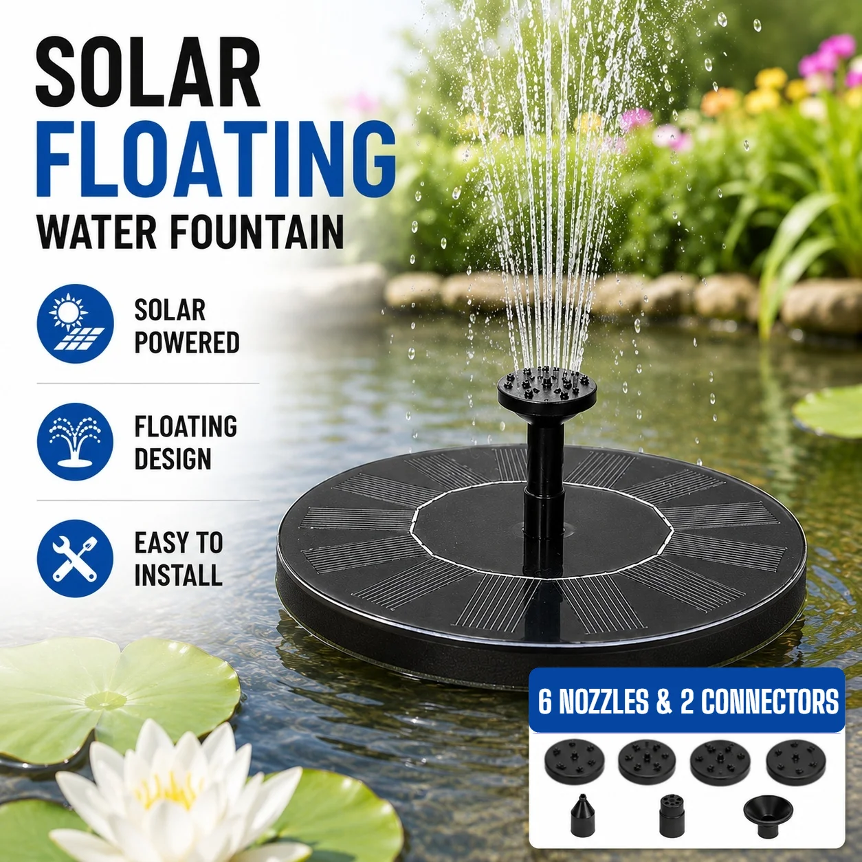 16CM Colorful Solar Small Fountain Pool Floating Fountain Equipment with 6 Nozzles for Garden Outdoor Water Pool Pond Decor