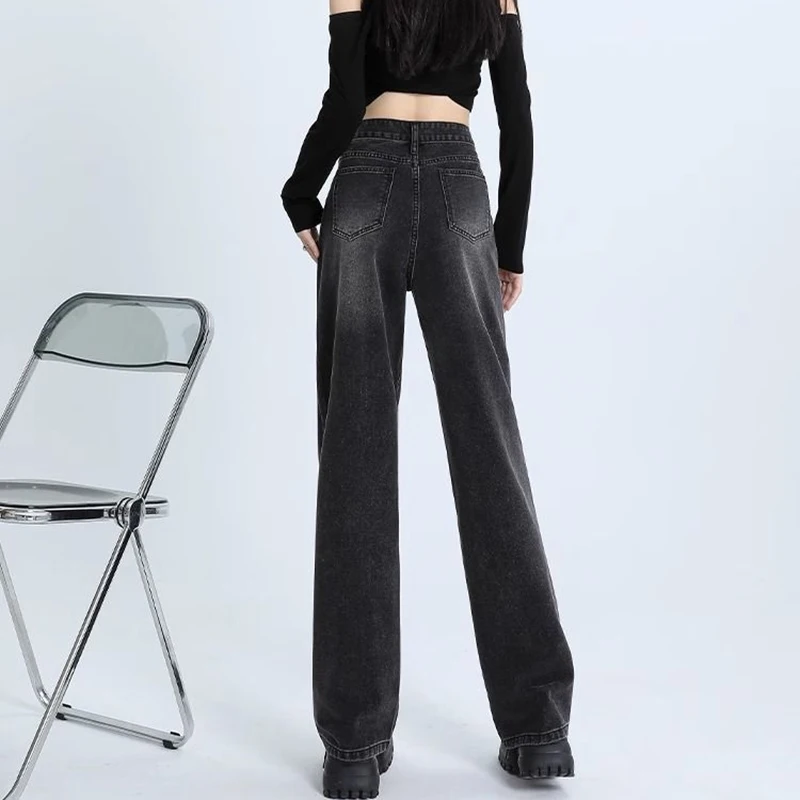 Frau Neue Hohe Taille Vintage Verdicken Jeans Weibliche Casual High Street Thermische Flare Hosen Mädchen Mode Schwarz Grau Denim Hosen