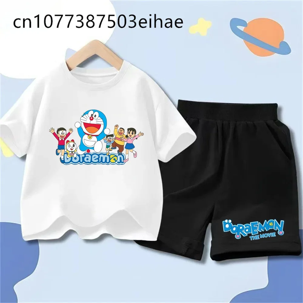 Doraemon Kids Summer Outfit 2-Piece Cute Pattern Short Sleeve Tee Sports Shorts Breathable Daily Play Wear Birthday Present