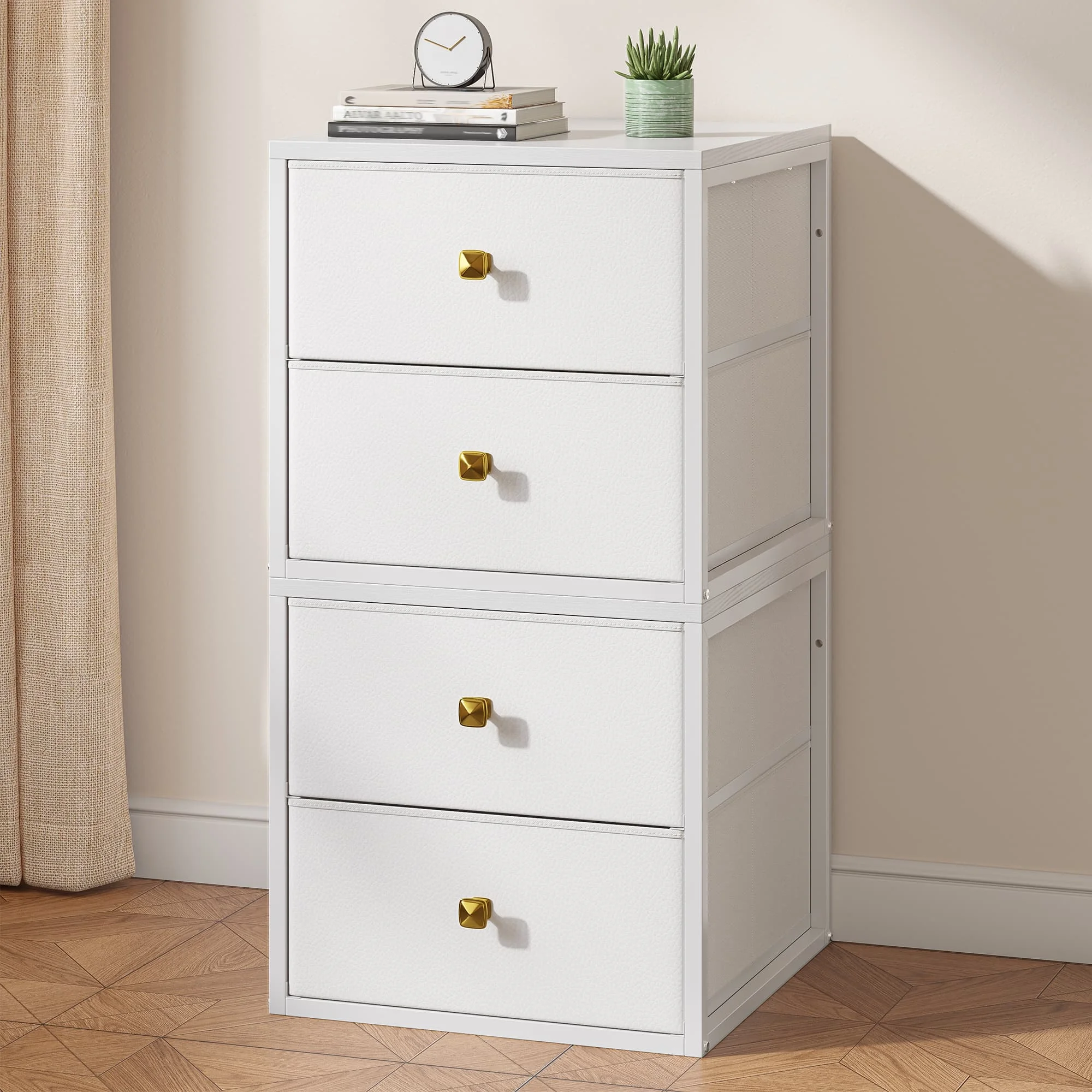 Freestanding 4-Drawer Stackable Storage – Fabric Drawers, Wood Top, Metal Frame – 22 LBS per Drawer – Ideal for Bedroom, Under-Bed, Closet, or Dorm