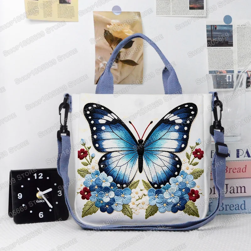 Vintage Embroidery Butterfly Floral Tote Bag Women Large Capacity Canvas Shoulder Crossbody Bags Casual Handbag Shopping Bag