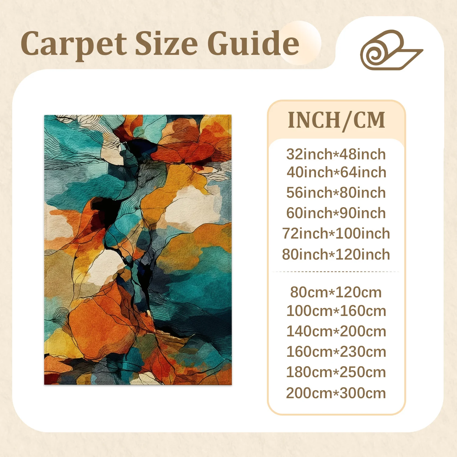 Large Indoor Area Rug, Soft Velvet Low Pile with Non-Slip Dotted Backing, Machine Washable Abstract Teal Orange Watercolor Art Floor Rug for Living Room Bedroom