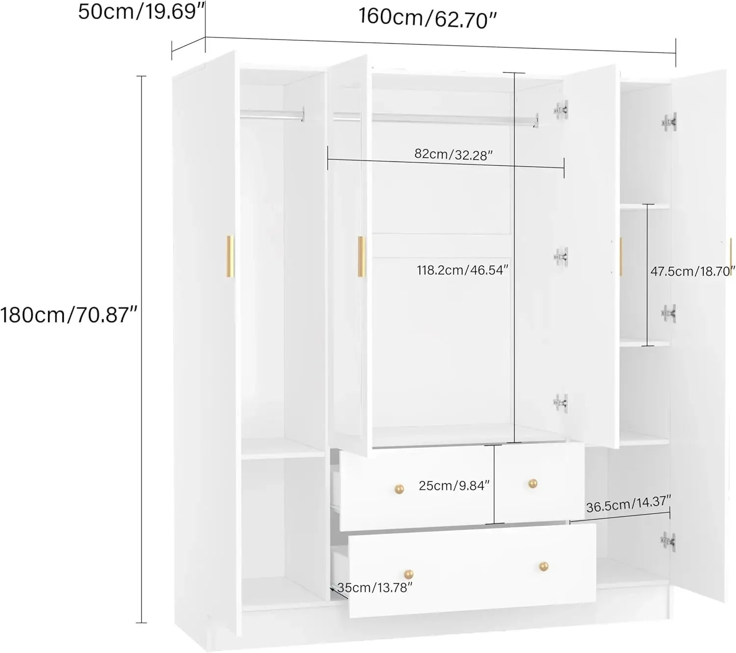 Bedroom Armoires Wardrobe Closet  Mirror, Large Shelves Hanging Rods for Bedroom, 62.7