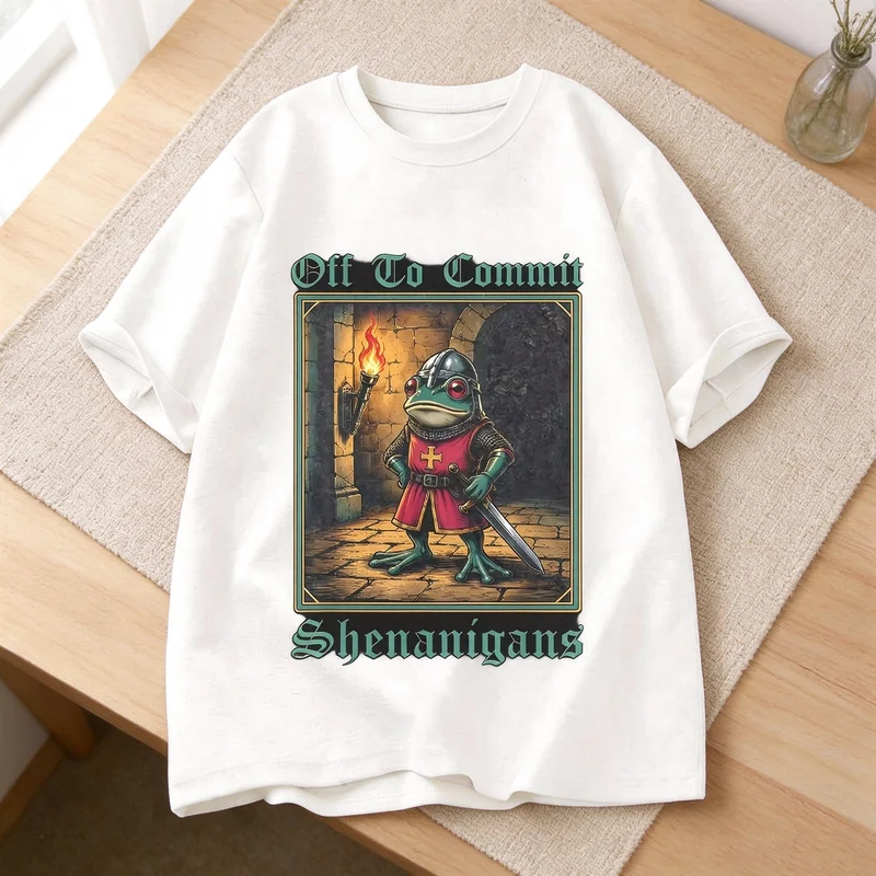 Edieval Frog Knight Off To Commit Shenanigans Graphic T‑Shirt Women Retro Dark Fantasy Cotton Short Sleeve Tee Casual Streetwear