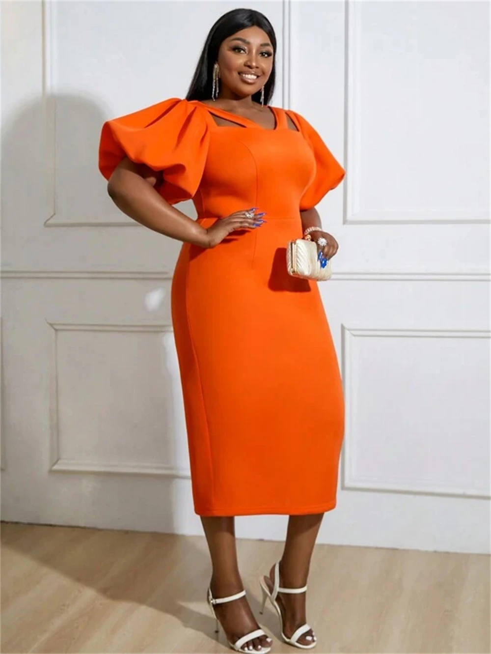 2024 New Short Prom Dresses Orange Sheath Puffy Sleeves African Women Formal Occasion Wedding Party Evening Gowns Wholesale