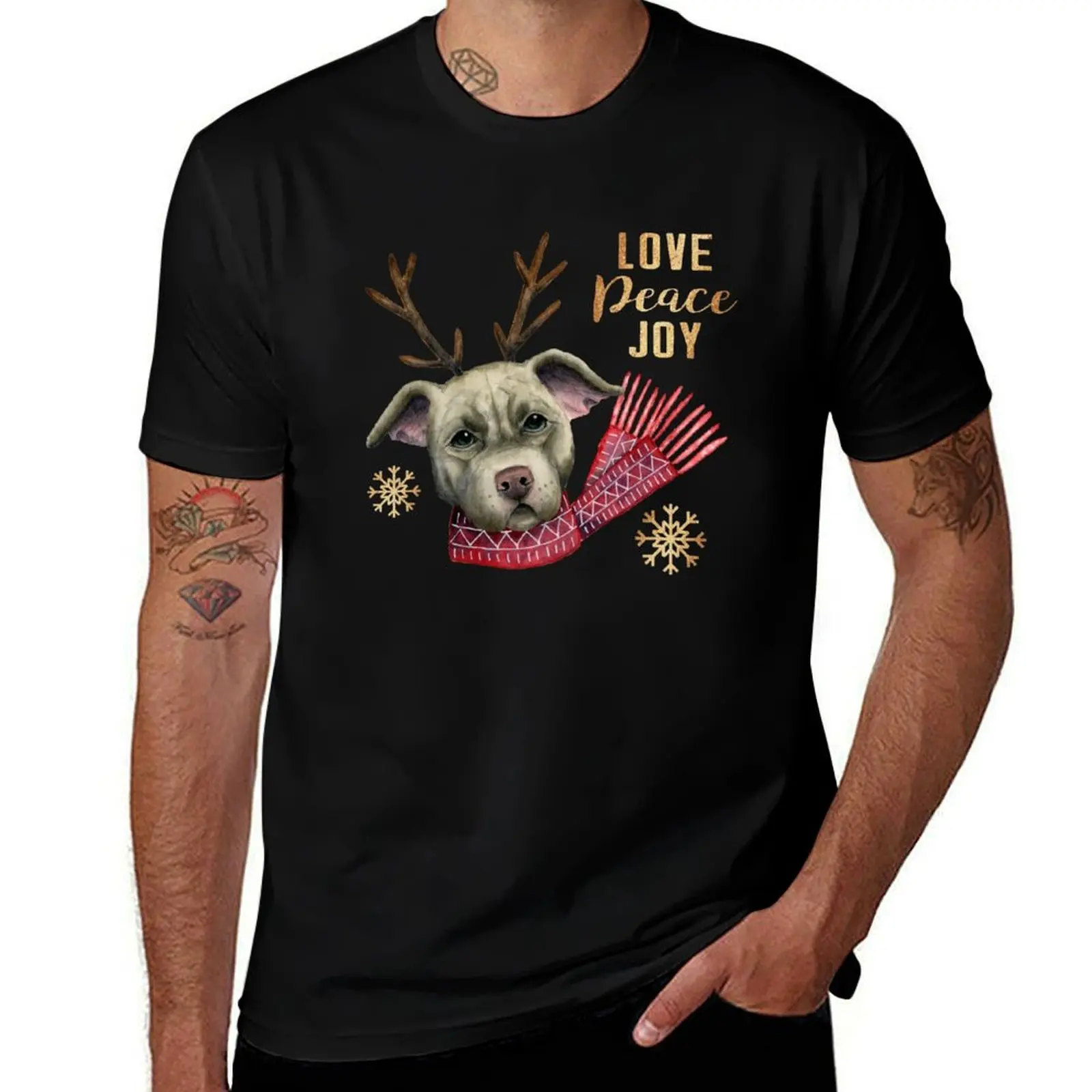 Funny Christmas Reindeer Pit Bull with Faux Gold Snowflakes T-Shirt Novelty Graphic Tee Shirt T-Shirt
