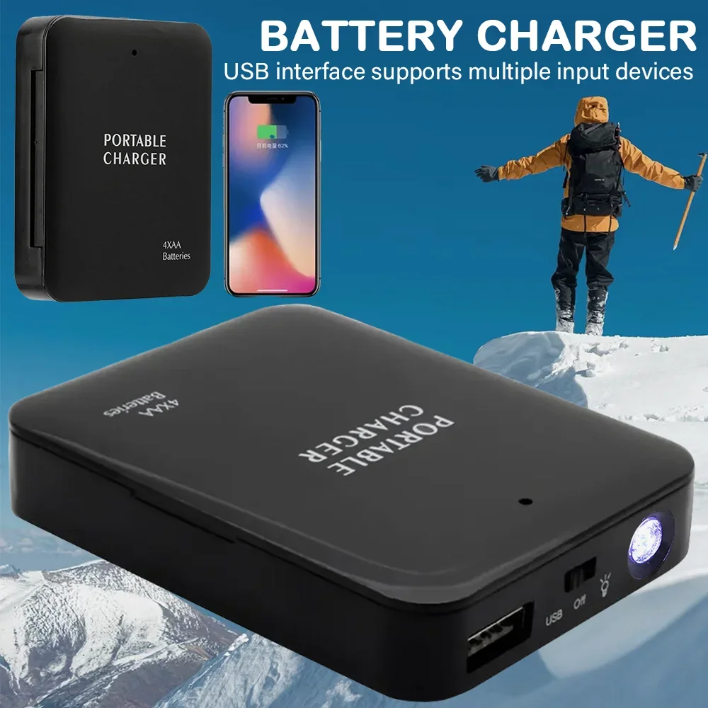 

4XAA Black Power Bank USB Outdoor Emergency Charger Hiking Camping Portable Power Bank with LED Light for Mobile Phone