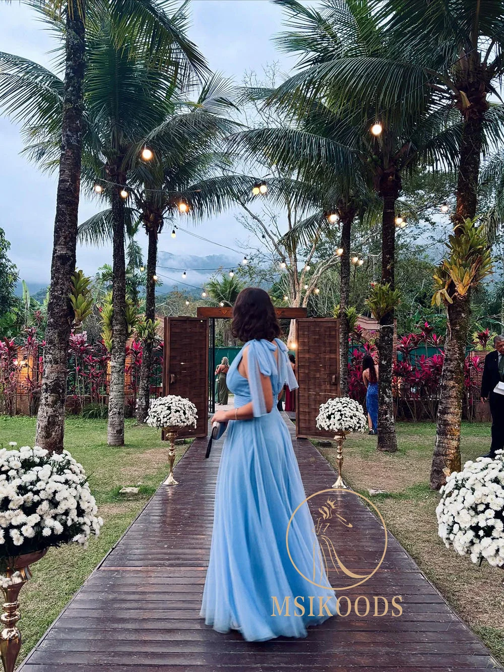 Msikoods Blue Tulle Evening Dresses Sleeveless V Neck Bridesmaid Gown Floor Length Wedding Guest Dress Party Gown Customized