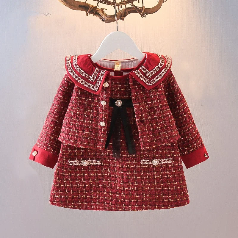 

New Years Long Sleeve Coat+A-line Dress 2pcs Set Cute Plaid Outfits Newborn Costumes For Girls 2024 Spring Autume Kids Clothing