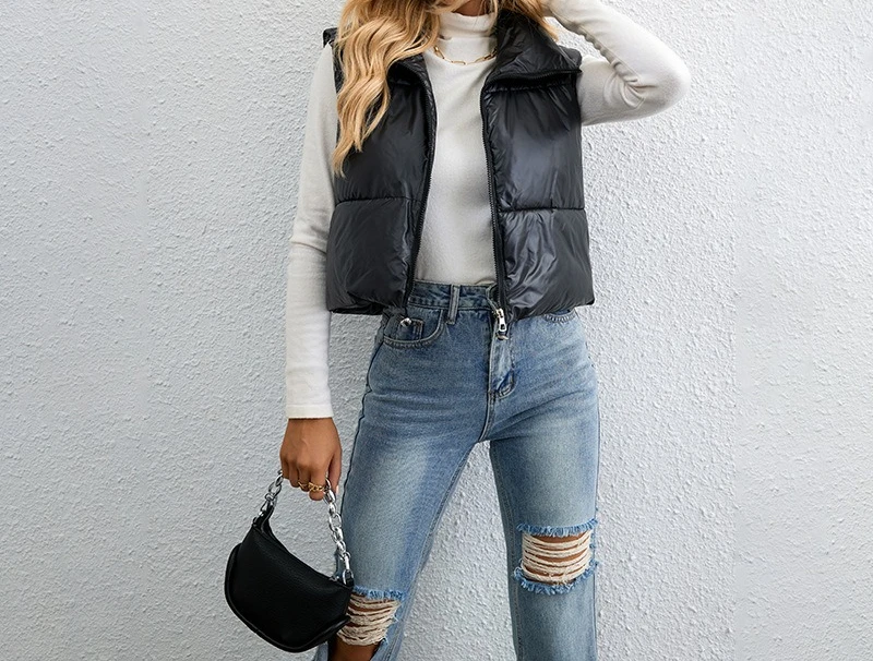 Autumn and Winter New Fashion Short Style Solid Color Down Cotton Slim Fit High Neck Loose Cotton Vest