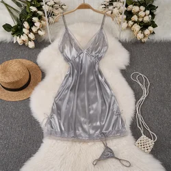 Sexy Elegant Women's Strap Dress Solid Lace Patchwork Slim Sleeping Dress V-Neck Bow A-Line Casual Dress Erotic Lingerie Pajama