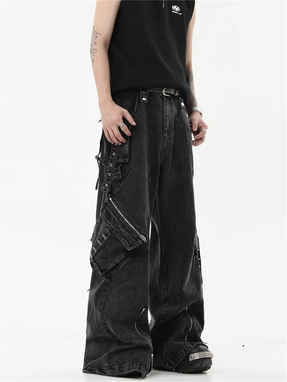 Zipper Design Jeans Mens Streetwear Punk Y2k Denim Trousers Men Harajuku Side Pockets Baggy Hip Hop Wide-leg Pants Male