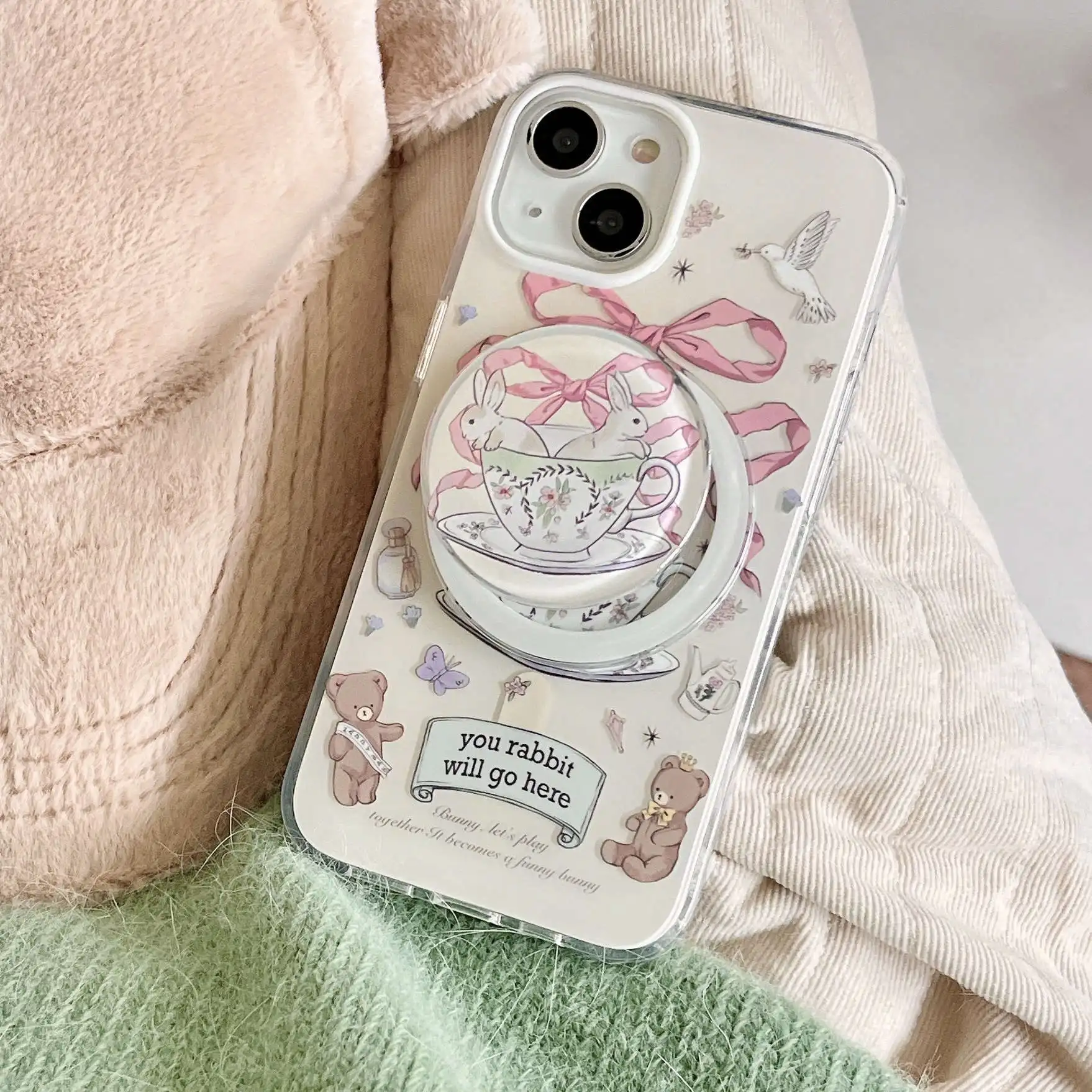 

Cartoon Lovely Tea Cup Rabbit Magnetic Bracket Phone Case For iPhone 15 14 13 12 Pro Max Shockproof Acrylic Back Cover Fundas