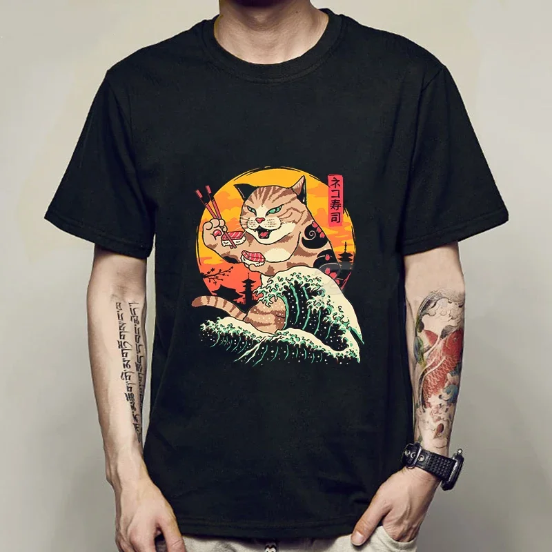 New Fashion Summer Mens T Shirt Casual Short Sleeve Samurai Cat Print Anime Tshirt Men Women Japanese Neko Sushi Wave Tops