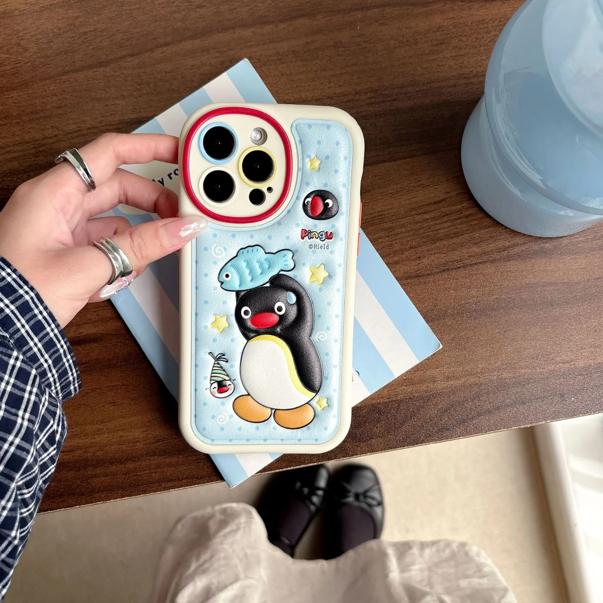 Cute Blue Fish Catching Penguin Bizarre Creative Skin Pattern Soft Shell Suitable for IPhone 16 Promax Pro15 Pro1413 Phone Case