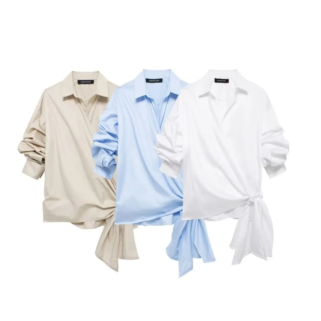 

HH TRAF Summer Female New Blouse Solid 3-Color Bow Decorate Pleated Turn down Collar Shirt Female Chic Asymmetrical Tops Mujer