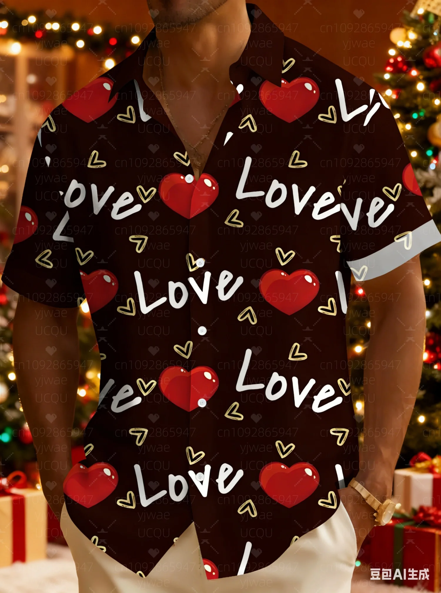 

2026 mens Valentines Day love Print Short Sleeve Lapel Shirt Tops Men's Casual Button-Down Shirts For Summer Daily Wear shirts