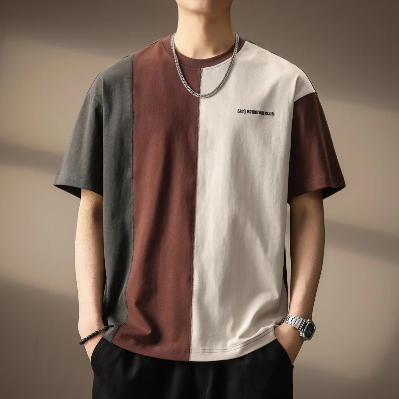 

High end splicing color blocking design short sleeved T-shirt men's summer new style American retro heavyweight loose top