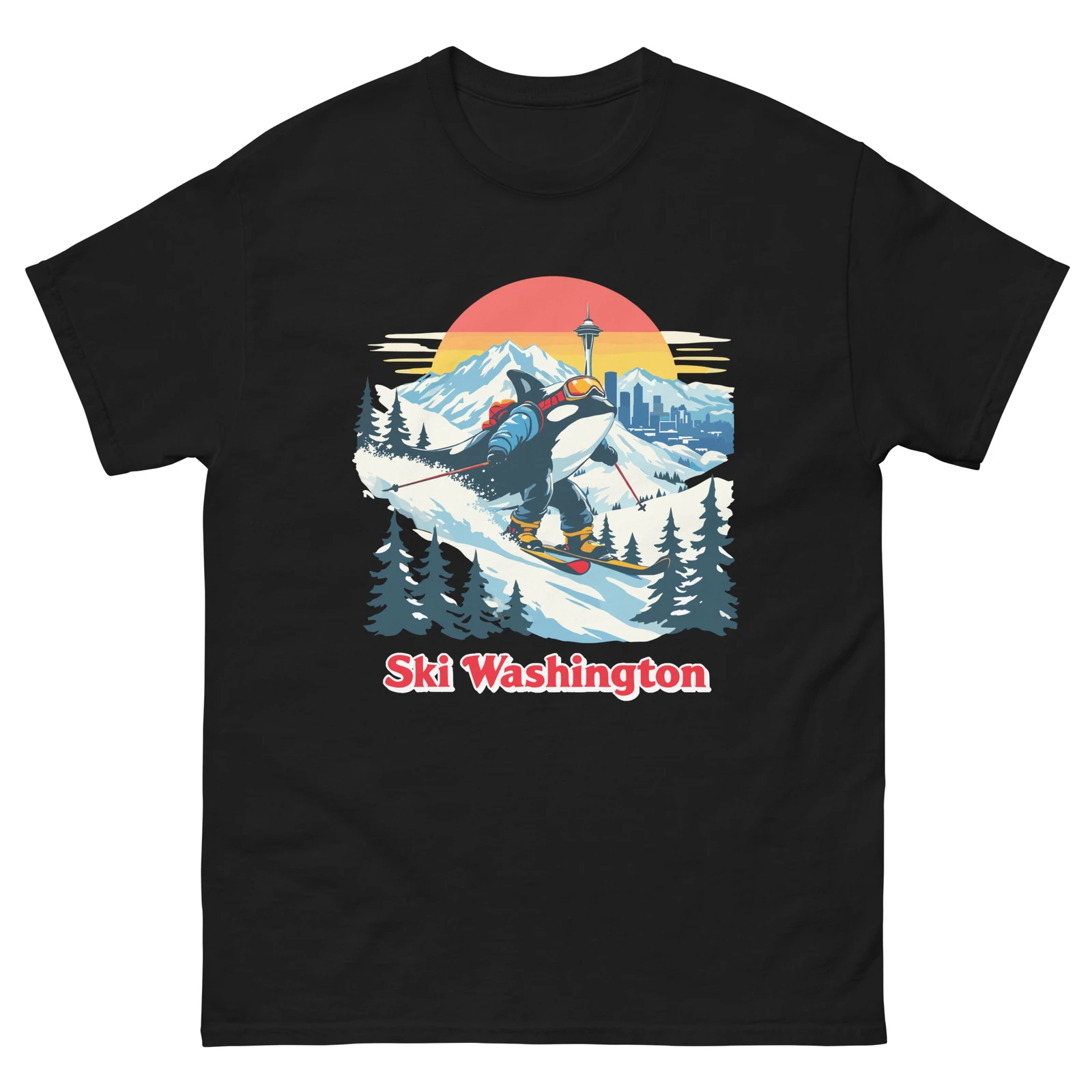 

Ski Washington Orca Retro Graphic T-Shirt Vintage Design Blending Pacific Northwest Orca Skiing With Seattle Landmarks
