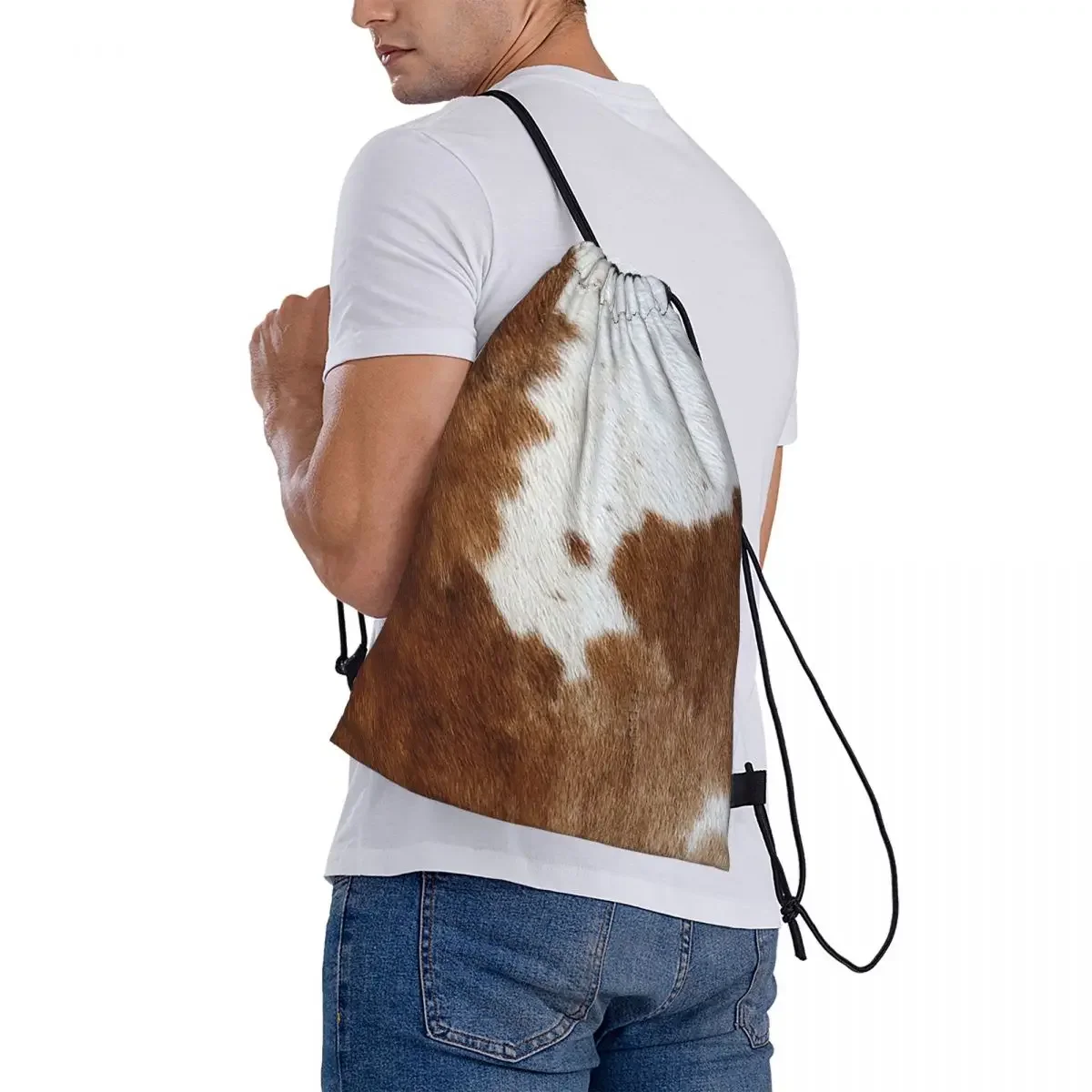 Stylish Cow Fur Cowhide Texture Cow Skin Print Patter Backpacks Multi-function Drawstring Bags Sundries Bag