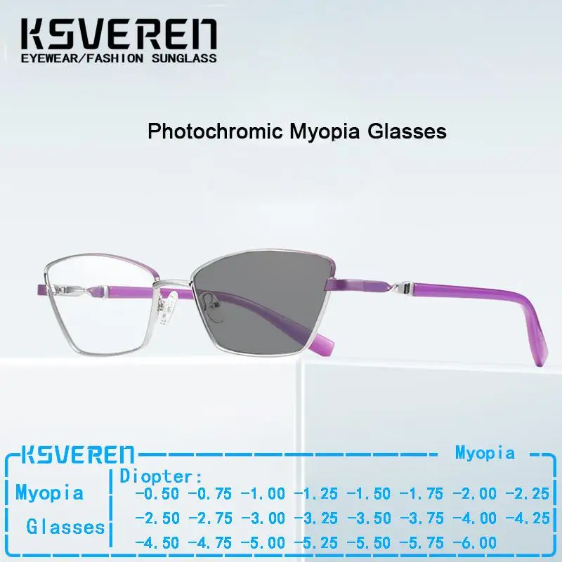 

KSVEREN Cat Eye Photochromic Myopia Glasses Women Alloy Frame Prescription Nearsighted Eyelasses 0 -0.5 -0.75 -3.75 -4.50 -6.00