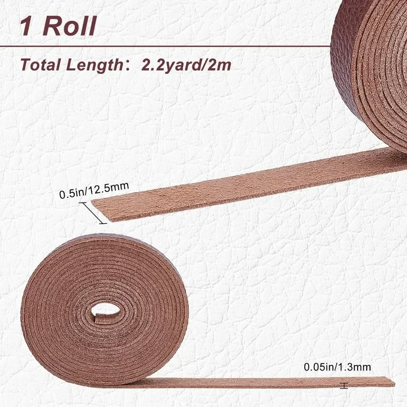 1Roll Brown Leather Strap Strip 0.5 Inch Wide 79 Inch Long Lychee Pattern Leather Belt Strips Wrap Single Sided Flat Cord