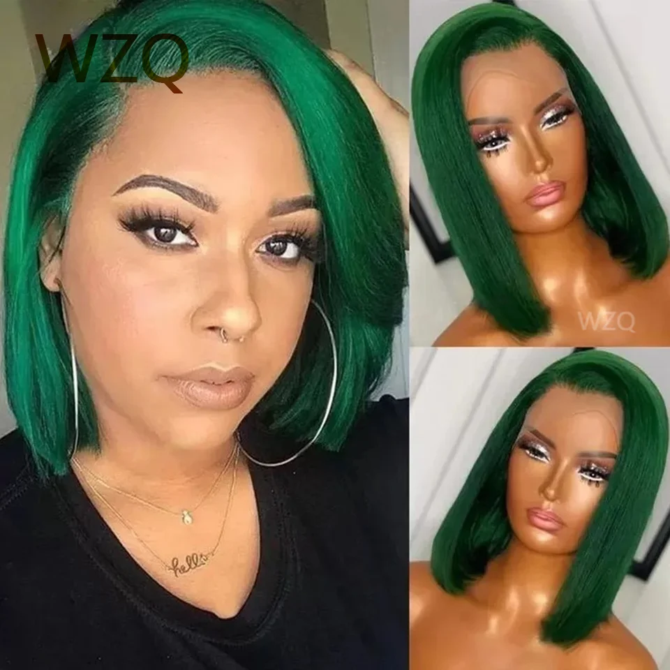 

13x4 Lace Front Human Hair Wigs For Black Women Transparent Lace Bob Wig Pre Plucked Green Straight Short Bob Wig 180% Density