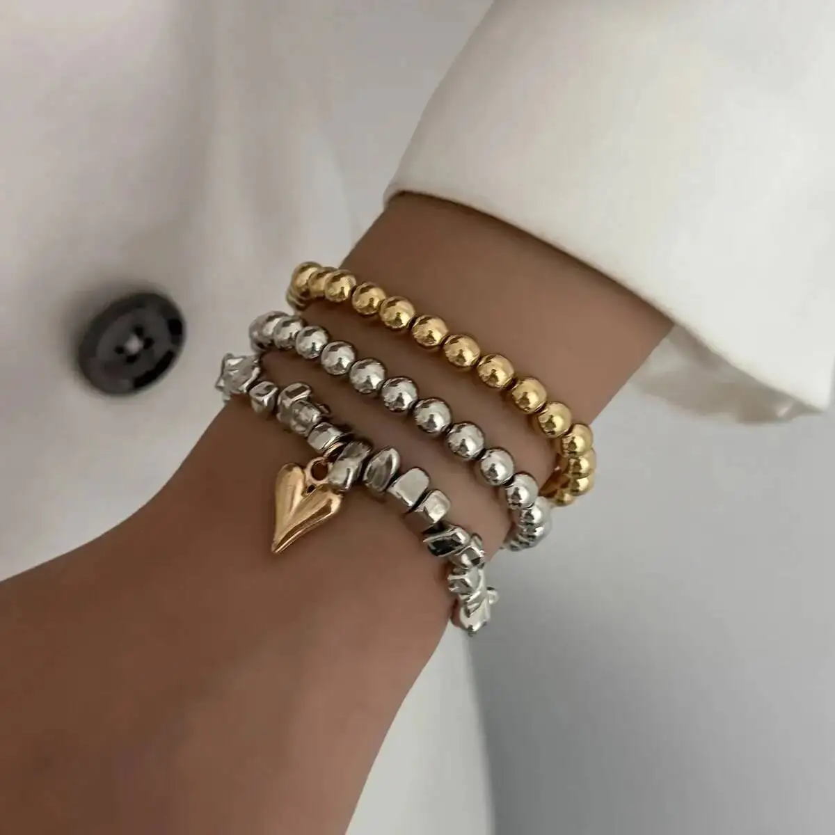 

IngeSight.Z 3pcs/set Vintage Irregular CCB Beads Chain Heart Pendant Bracelet Women Trendy Imitation Pearl Bangle Jewelry Gift