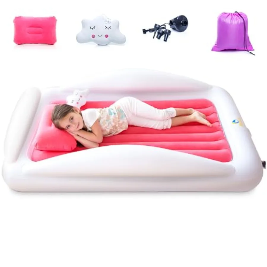 

Inflatable Toddler Travel Bed Portable Air Mattress Set w Safety Rail Guards for and Toddlers Includes Pump, Carry Case, Pillow