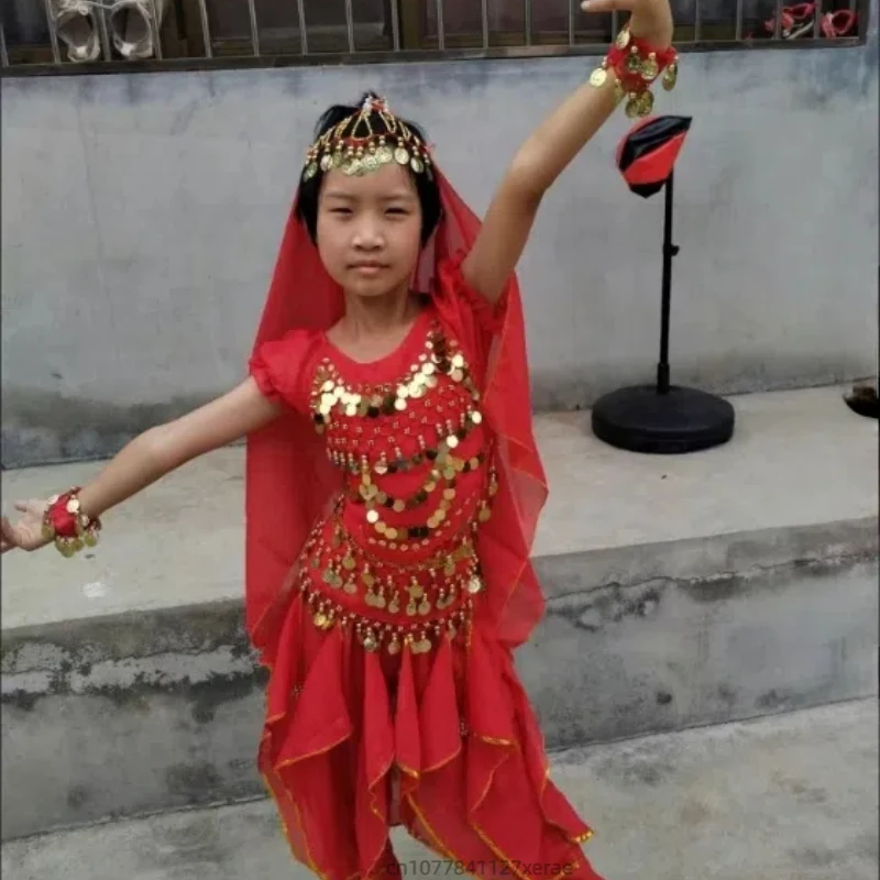 Детский костюм для индийского танца, топ с блестками, комплект вращающихся штанов, детское этническое выступление для танца живота для девочек