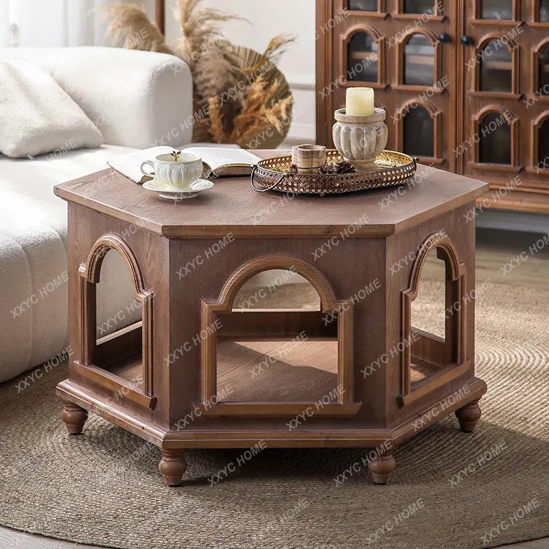 Retro coffee table living room household small apartment solid wood hexagonal storage medieval sofa side table