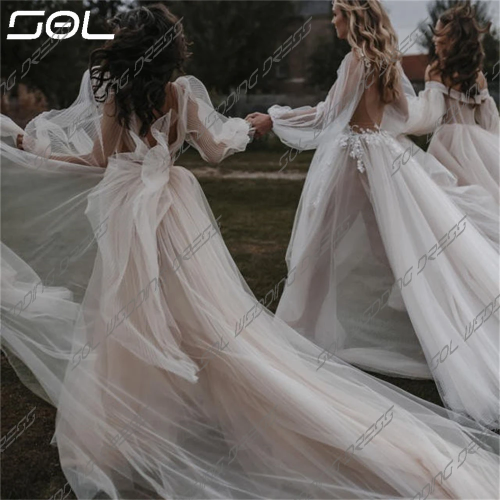 SOL-Robe de Mariée Sexy en Tulle à Manches sulfBouffantes, Col en V Profond, Tension Icide, Dos aux, Ligne A, Longueur au Sol, Patients, Quelle que soit la Tenue Sexy sur Mesure