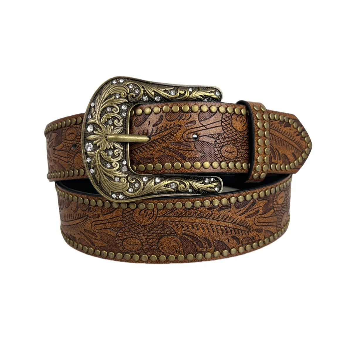 Western Cowboy Buckle Head Carved Rhinestone Inlaid Vintage Embossed Rivet Punk Simple Versatile Belt