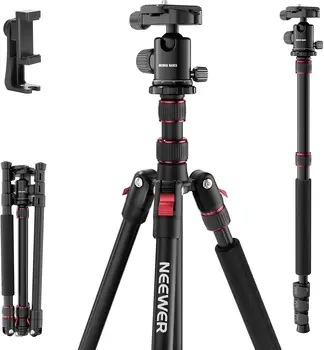 NEEWER TP15 71" Aluminum Camera Tripod Monopod 2 in 1 Heavy Duty Travel Stand with 360° Ball Head & Cellphone Holder Mount, Portable DSLR Cell Phone Stand Compatible with iPhone for Filming Video Recording