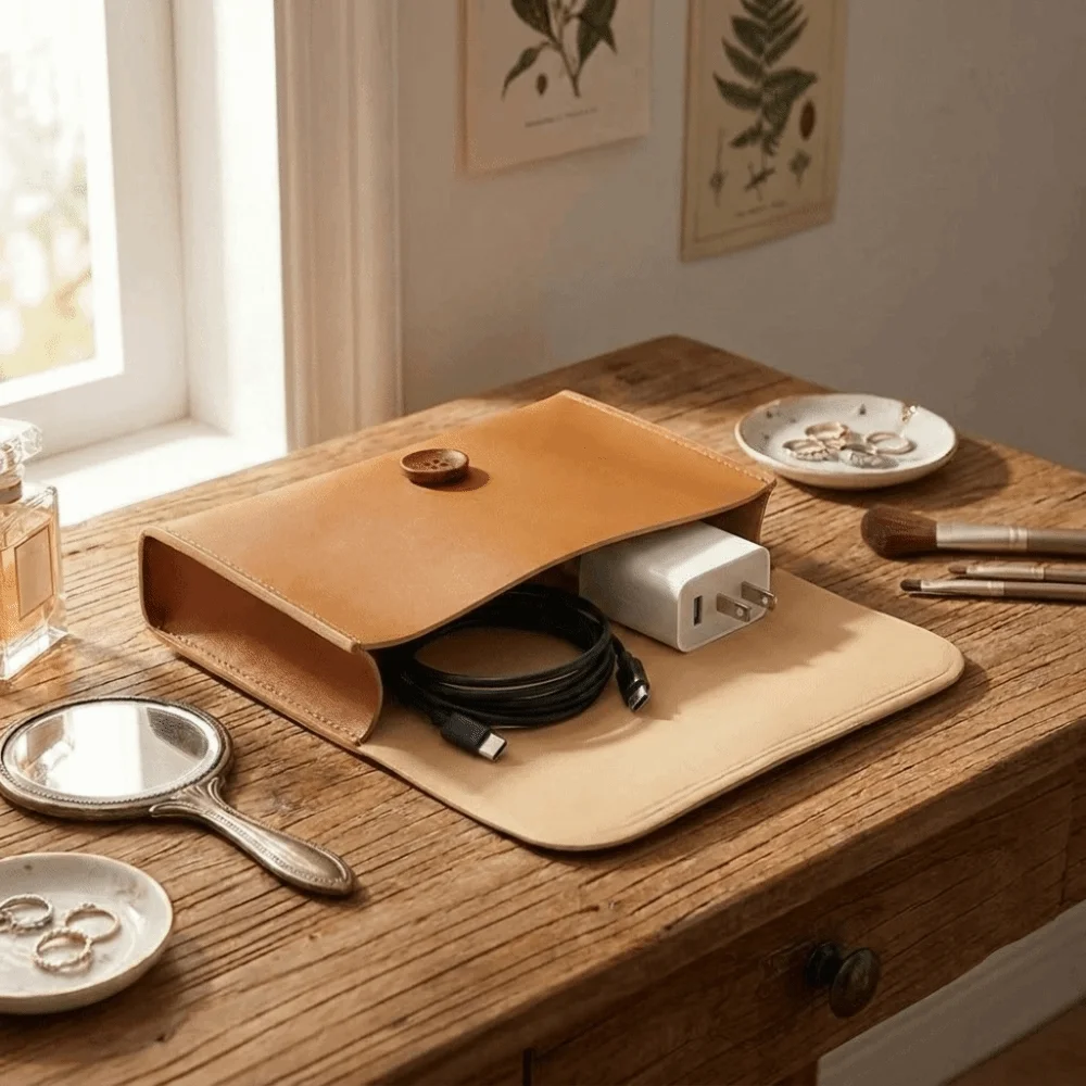 Multi-purpose Envelope Shape Cosmetic Bag Faux Leather Button Closure USB Data Cable Mouse Organizer Lightweight Waterproof
