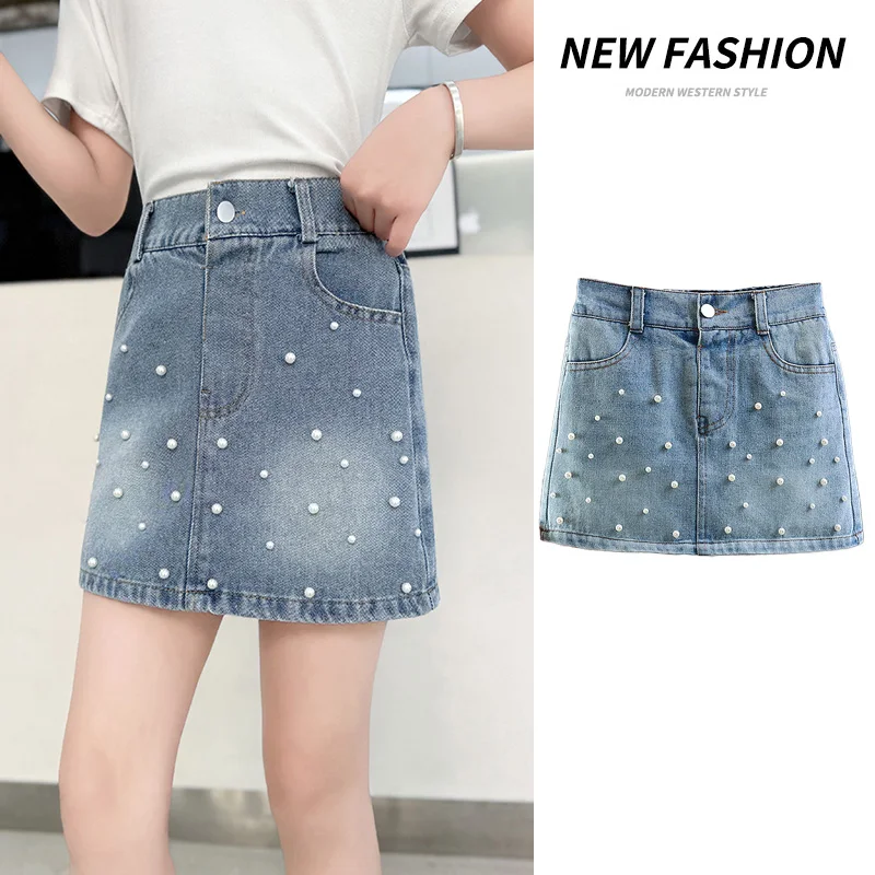 Summer Korean Child Girl High Waist Mini Denim Skirt with Pearls for Age 5 6 7 8 9 10 11 12 13 14 Years Old Kids Fashion Skirt