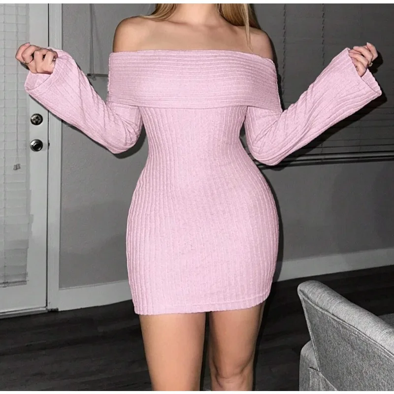 Sukienka damska plus size na jesień i zimę, swetrowa, na jedno ramię, dzianinowa, z długim rękawem, obcisła, seksowna, mini, podkreślająca biodra, na imprezę.