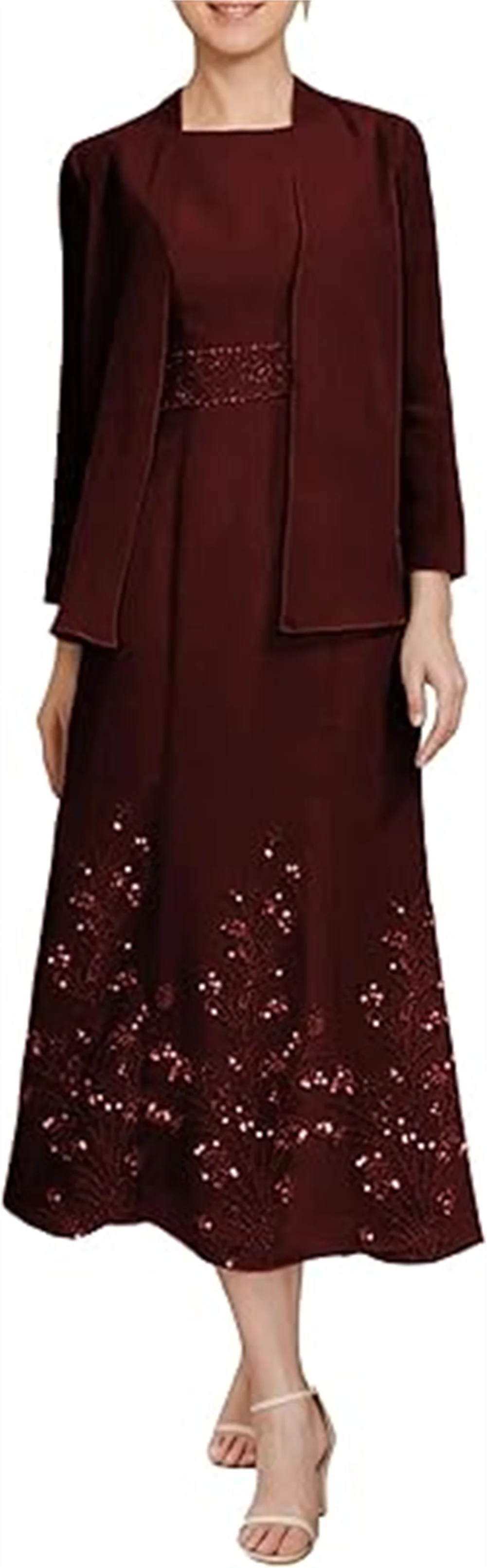 Vestidos personalizados para madre de la novia, 2 piezas, longitud del té, mangas largas, encajes de gasa, apliques, vestidos de noche formales con chaqueta