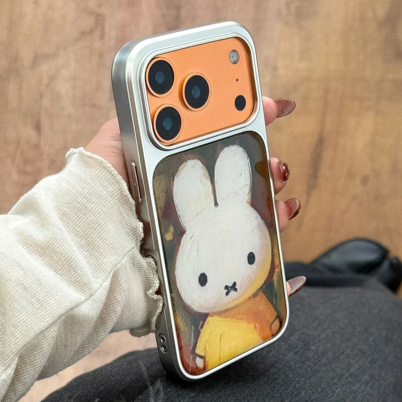 

Fashion Cartoon Miffy Rabbit Phone Case For iPhone 17 16 15 14 13 12 11 Pro Max Oil Painting Pattern Silver Electroplated Cover