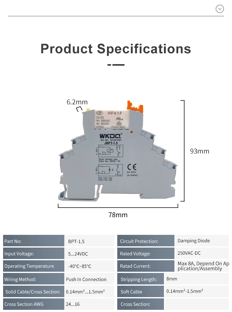 5 Stück HF41F Relaismodul Slim Terminals 24 V 12 V mit LED Push-in Typ Schraubenlose Steckerhalterung auf DIN-Schienenklemmenblock BPT 1,5 – Detail 14