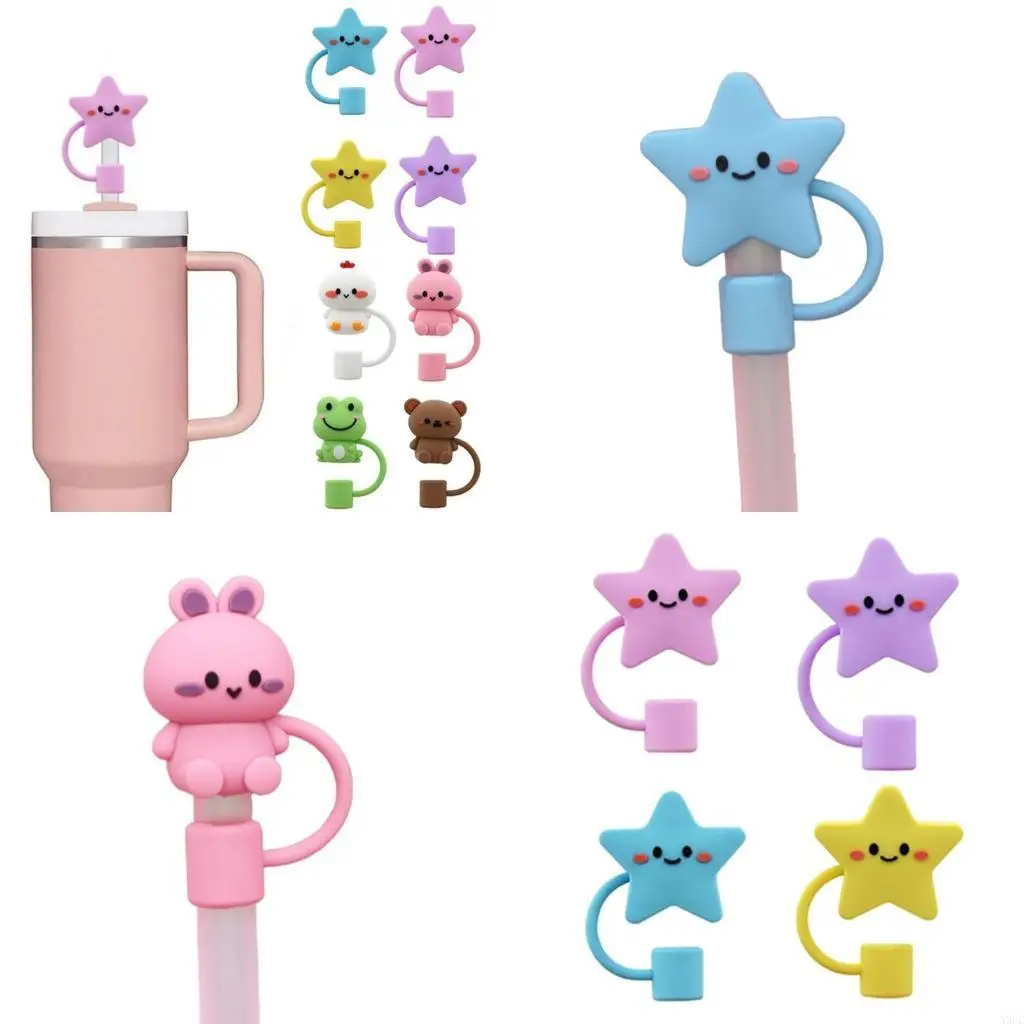 4/8Pcs Reusable Silicone Straw Covers Cap Animals Star Straw Toppers DustProof Drinking Straw Tip Lids for Tumblers X3UC