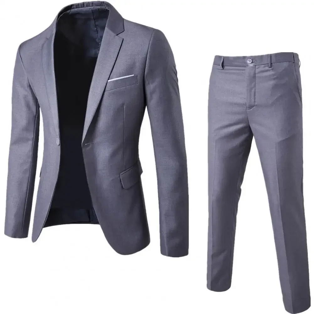1 Set Men Blazer Pants Set Solid Color Long Sleeve Slim Fit Turndown Collar Temperament One Button Pockets Suit Set Male Clothes