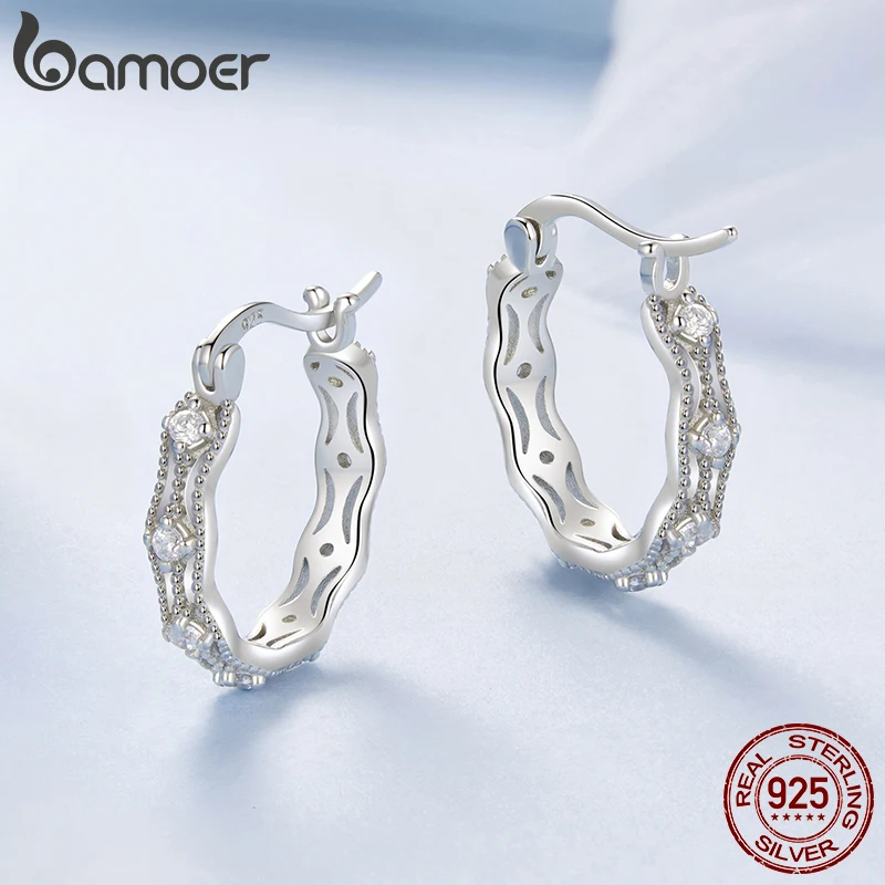 BAMOER 925 Sterling Silver Inlaid CZ Geometric Lace Hoop Earrings Light Luxury Mature Glamour Women Jewelry Accessories BSE1101