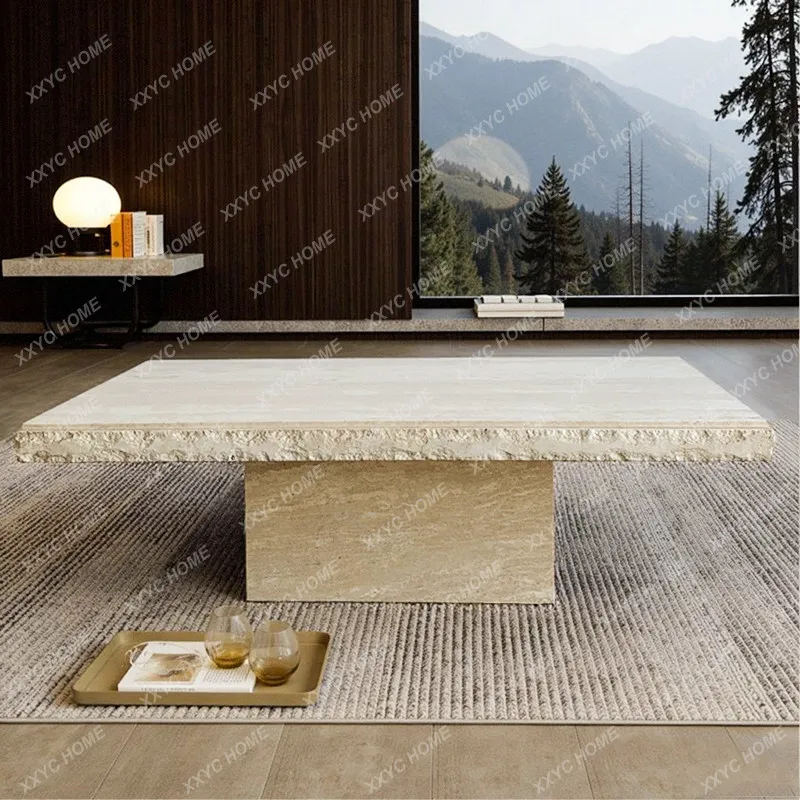 Crushing effect natural travertine square coffee table model room living room simple coffee table